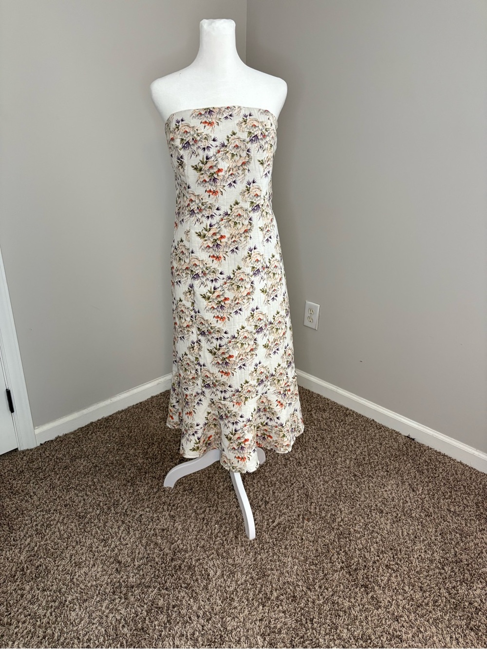 Strapless Floral Midi Dress in Cream